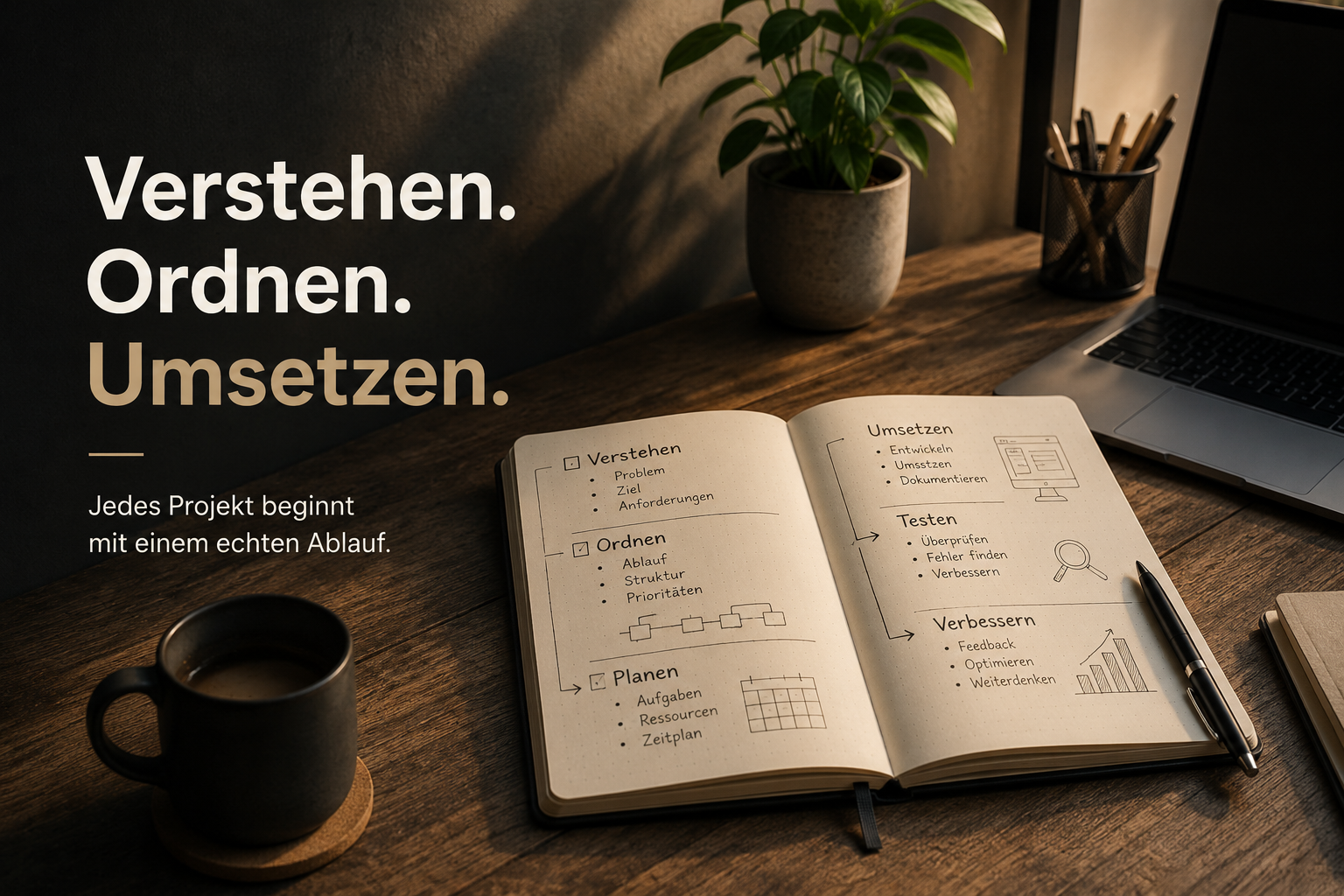 Stimmungsbild mit Notizbuch, Planung und dem Satz Verstehen, Ordnen, Umsetzen